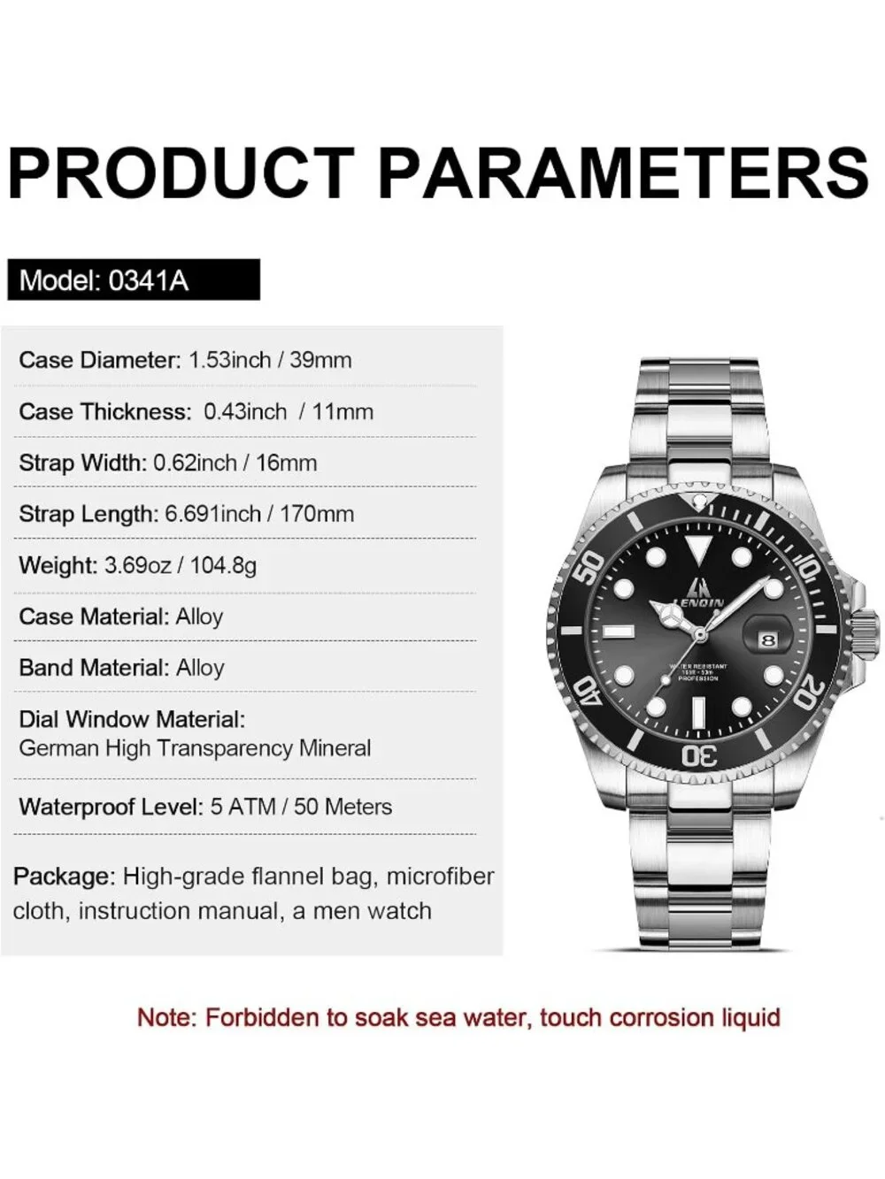 Men's Silver Black Stainless Steel Analog Quartz Waterproof Luminous Round Watch